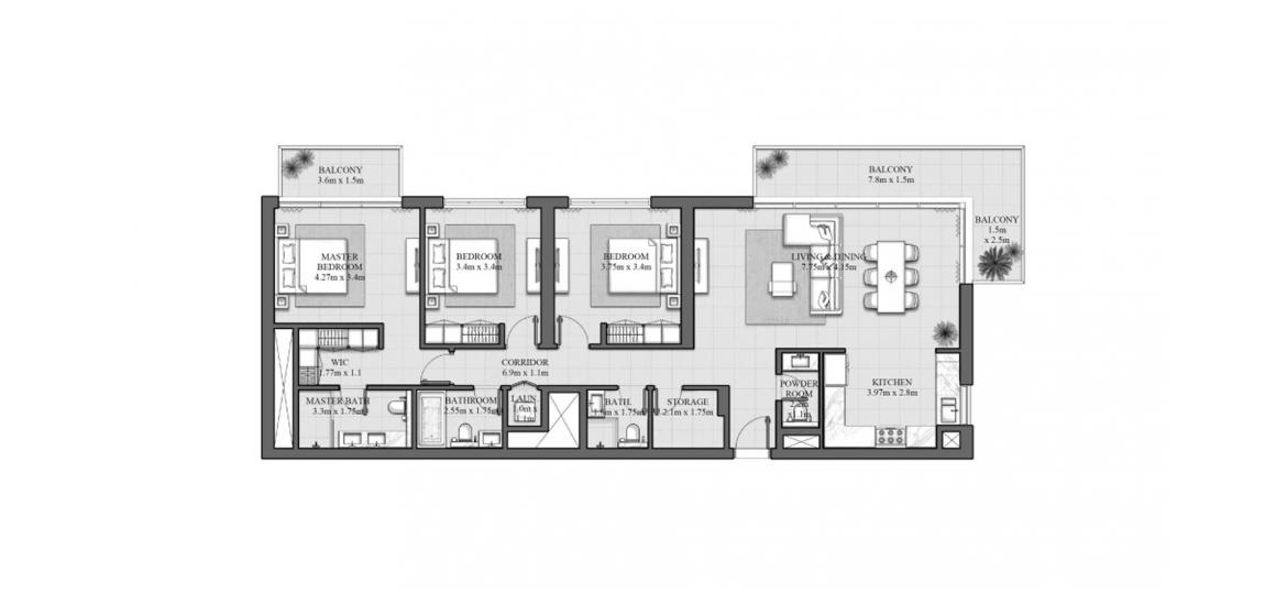 Планировка «165SQM 1» 3 спальни в ЖК HILLS PARK