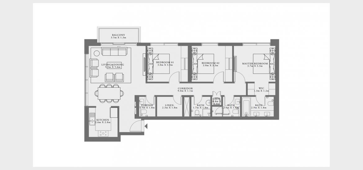 Floor plan «3-1C», 3 bedrooms in LIME GARDENS